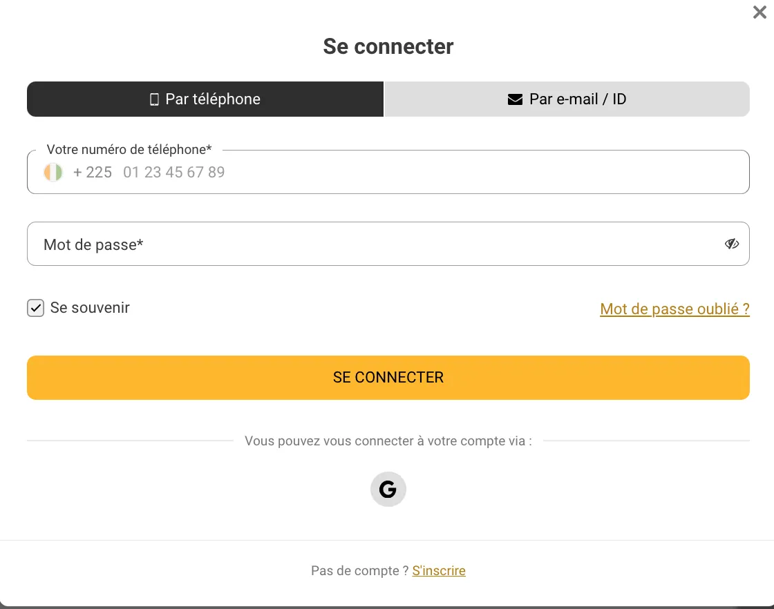 Écran de connexion MelBet Côte d’Ivoire via réseaux sociaux