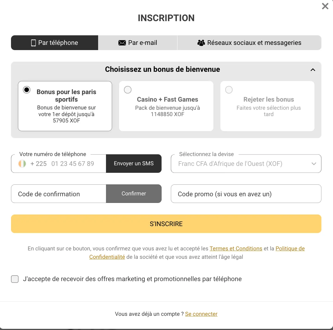 Écran d'inscription MelBet Côte d’Ivoire pour la connexion